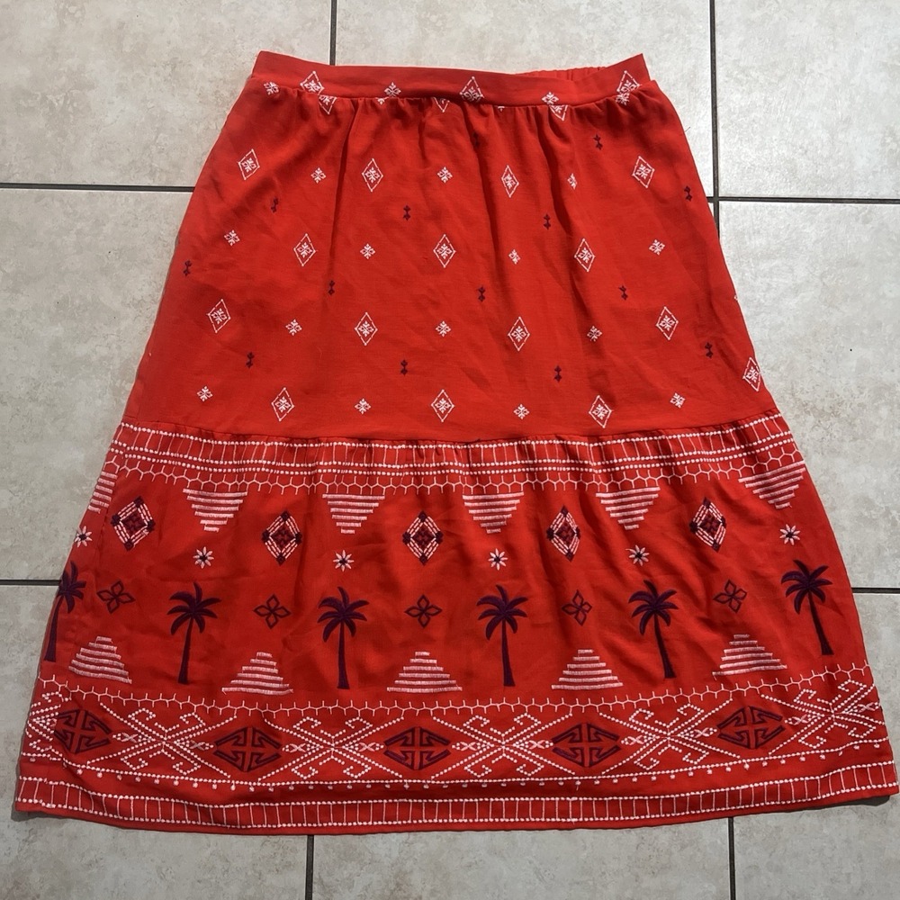 Sofia Jeans Embroidered Boho Midi Skirt XXL Red Southwest Festival Pockets